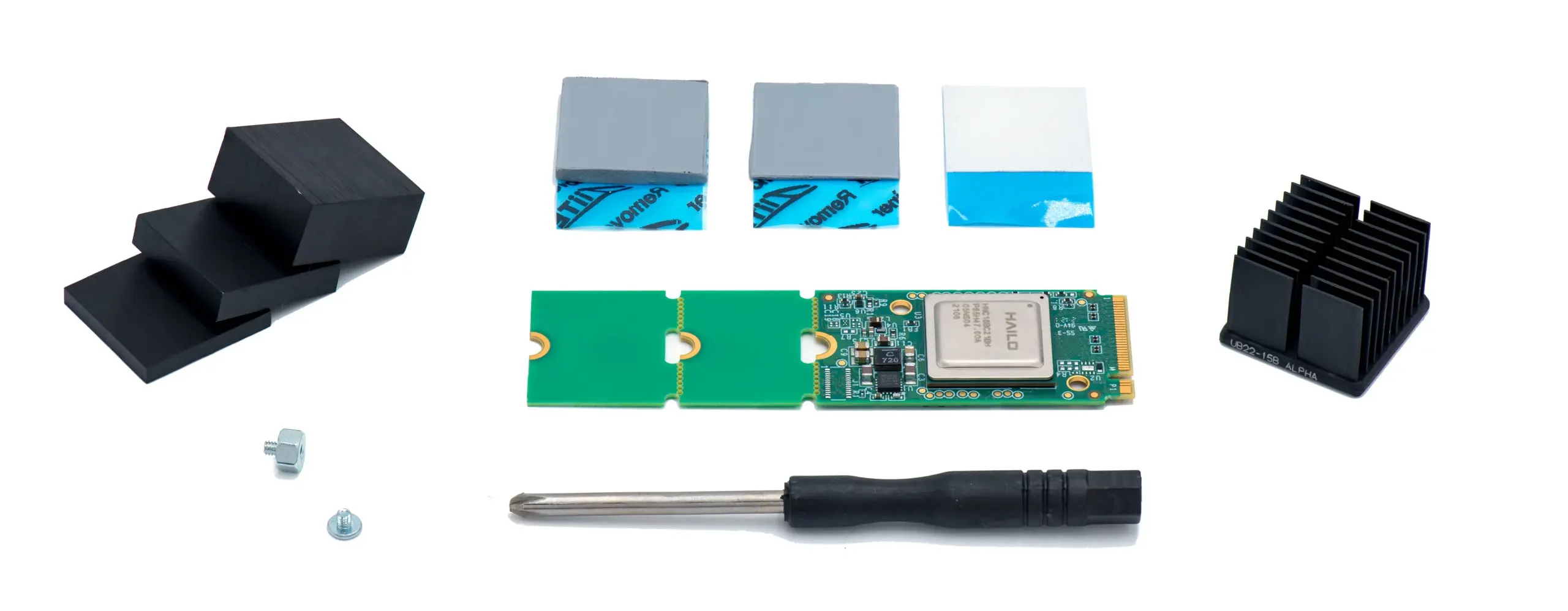 Hailos 8 M.2 Module Processor Chip AI starter kit includes the metal cubes, thermal pads, and thermal adhesive tape for thermal management
